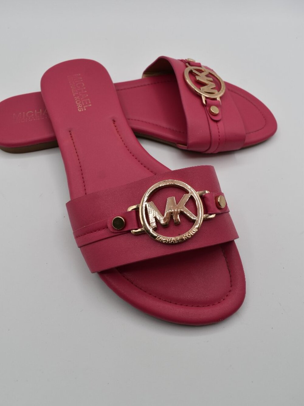 Size 8 Michael Kors MK Sandals Women Plum Red Pink Gold Logo Slides Slip-on